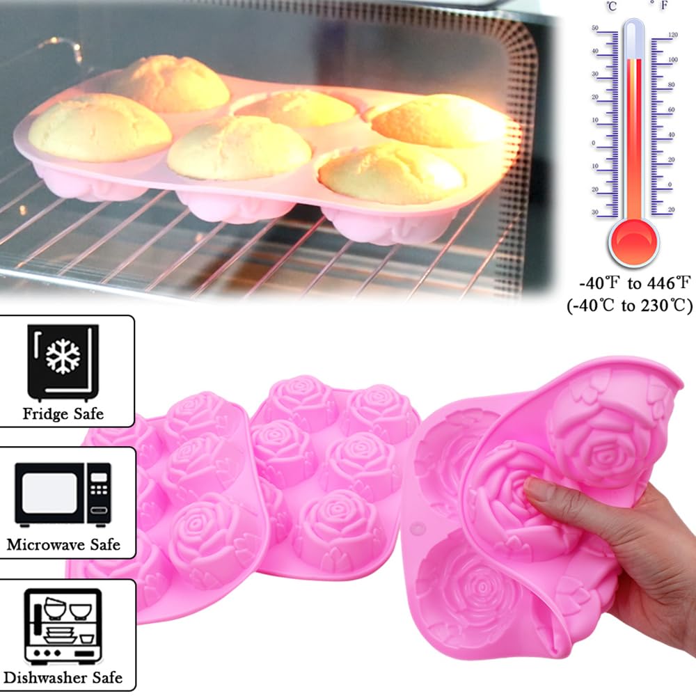 Silicone Mold for Handmade Soap Cake Jelly Pudding Chocolate 6 Cavity Rose Flower Design, Set of 2 Pink