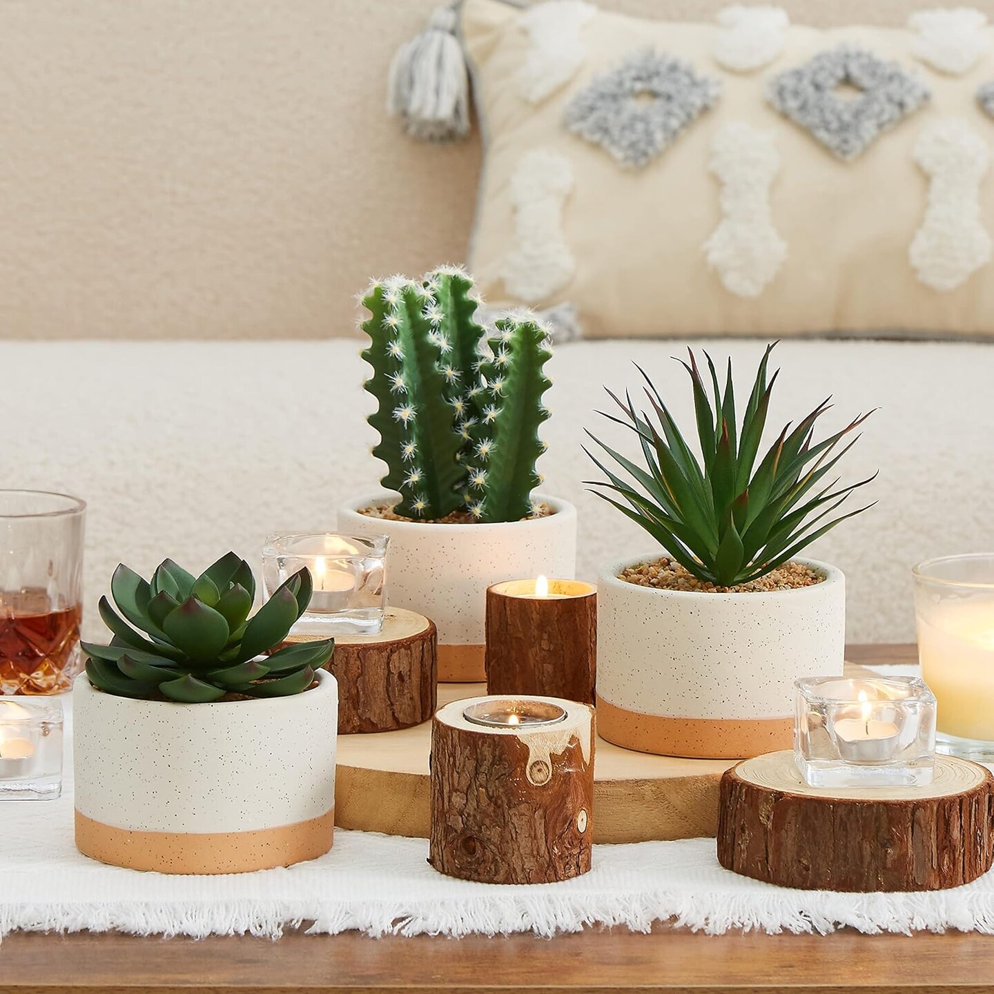 Set of 3 Artificial Succulents in Ceramic Pots – Faux Small Potted Cactus Plants for Home Decor, Bedroom, Office Desk, Living Room & Shelf Decoration
