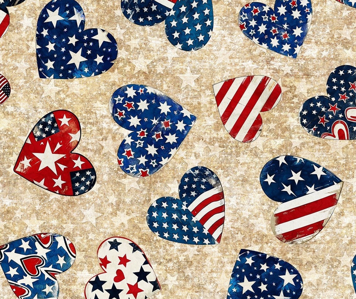 Patriotic Flag Hearts on Cream Digital Print 100% Cotton Price per Yard