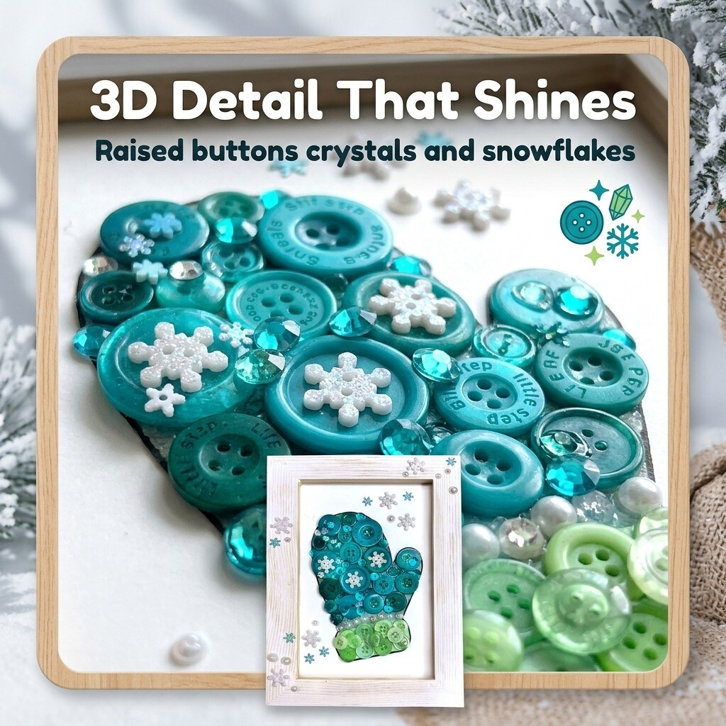 Button Art Frame Kit, Winter Mitten Design with Snowflakes, Wood Frame, Wall Decor