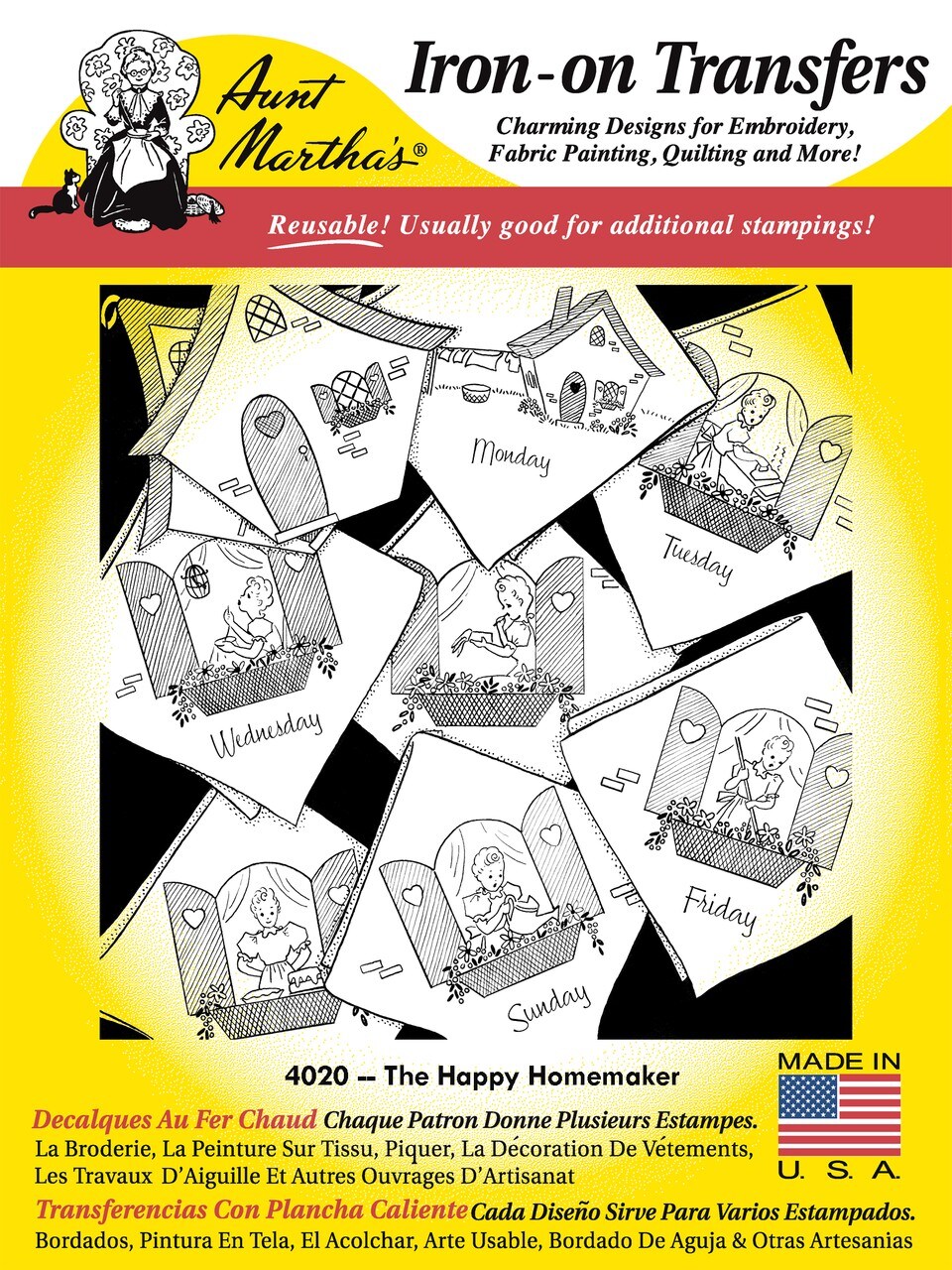Aunt Martha's Happy Homemaker 4020 days of the week embroidery iron on pattern