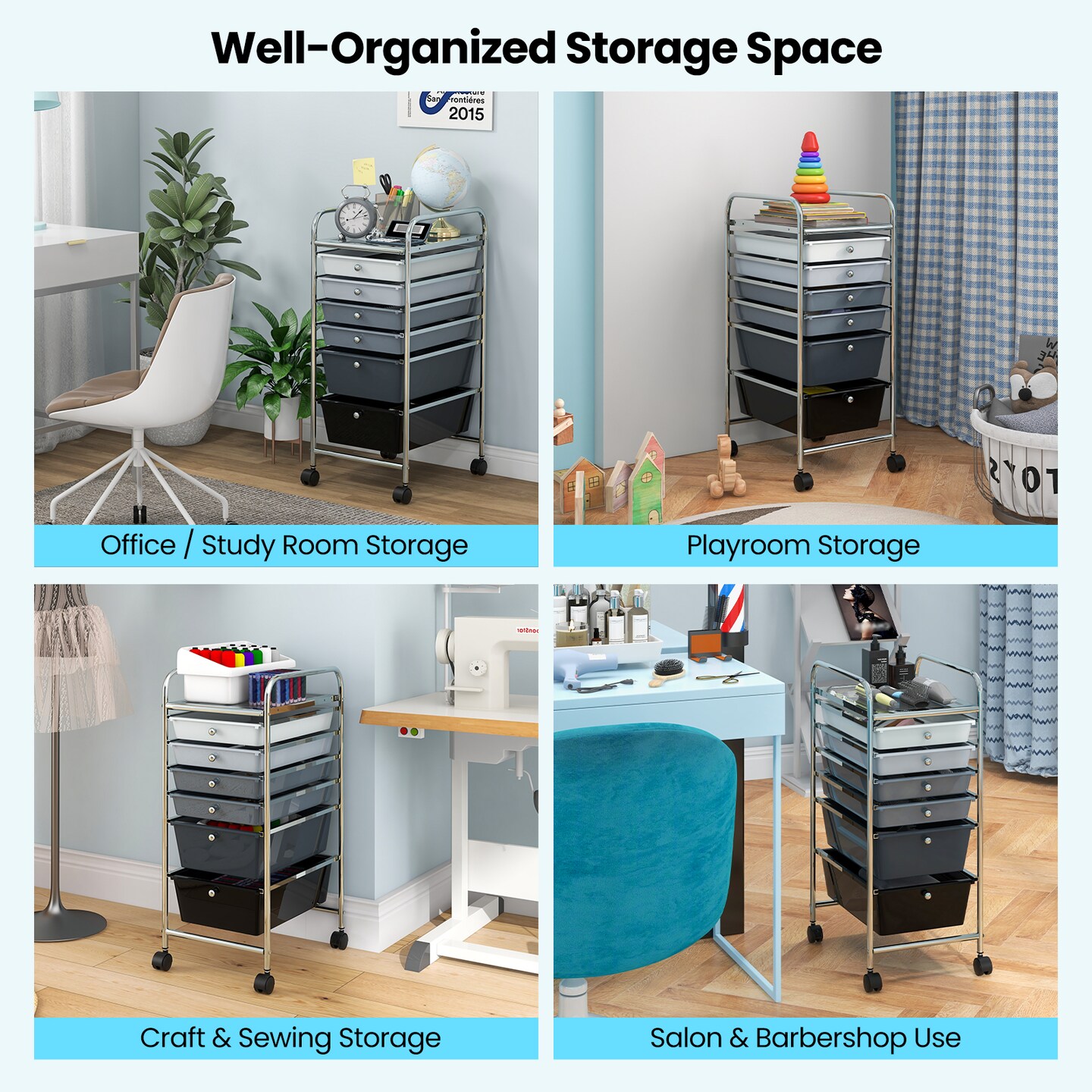 6 Drawer Storage Cart with Wheels PP Plastic Organizer Unit Steel Frame Rolling Utility Trolley for Home Office Bathroom Kitchen Organization Multi Purpose