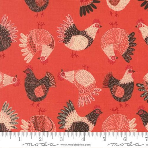 The Henhouse Tossed Chickens Novelty Tomato Cotton Fabric by the Yard