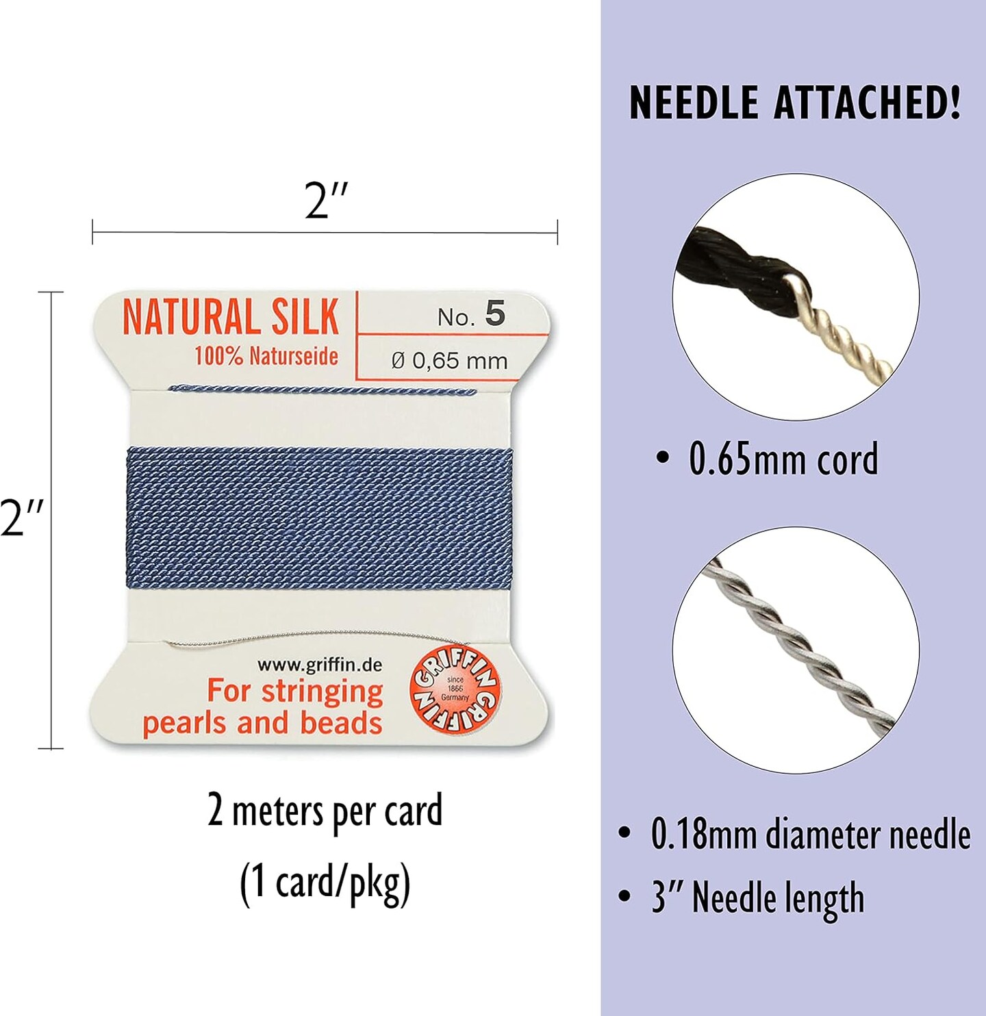 Griffin Silk Bead Cord Perlseide – Size 5 (0.65mm) – 2 Meters per Card – Stainless Steel Needle Attached – for Knotting Pearls, Gemstones, Crystals and Beads