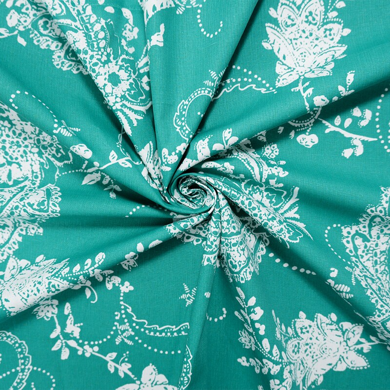 Teal-White Cotton Paisley Printed Poplin Woven Fabric By the Yard