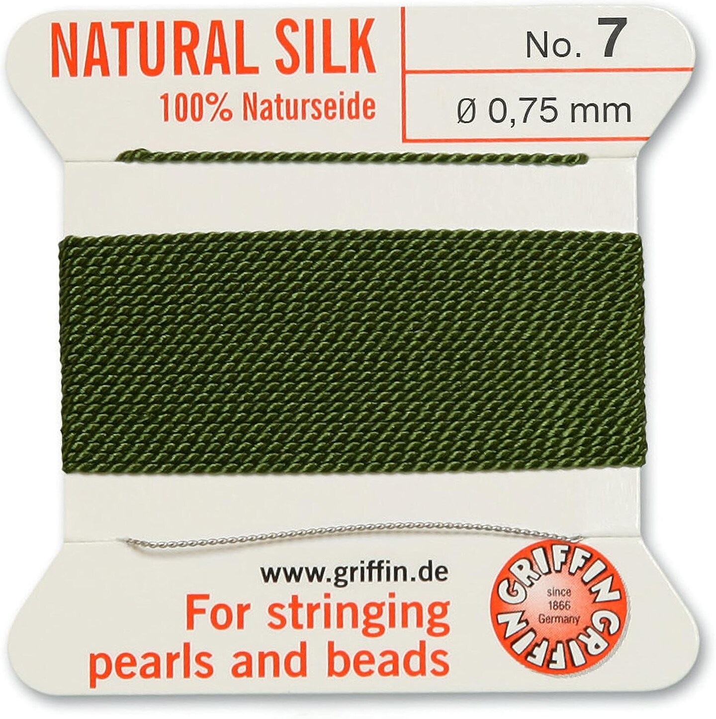 Griffin Silk Bead Cord Perlseide – Size 7 (0.75mm) – 2 Meters per Card – Stainless Steel Needle Attached – for Knotting Pearls, Gemstones, Crystals and Beads