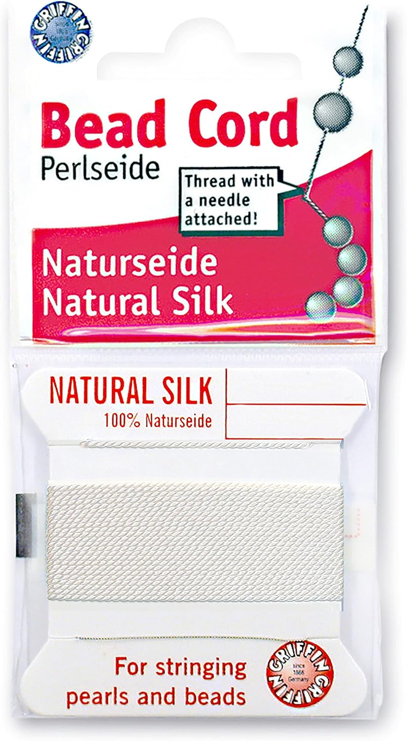 Griffin Silk Bead Cord Perlseide – Size 4 (0.60mm) – 2 Meters per Card – Stainless Steel Needle Attached – for Knotting Pearls, Gemstones, Crystals and Beads