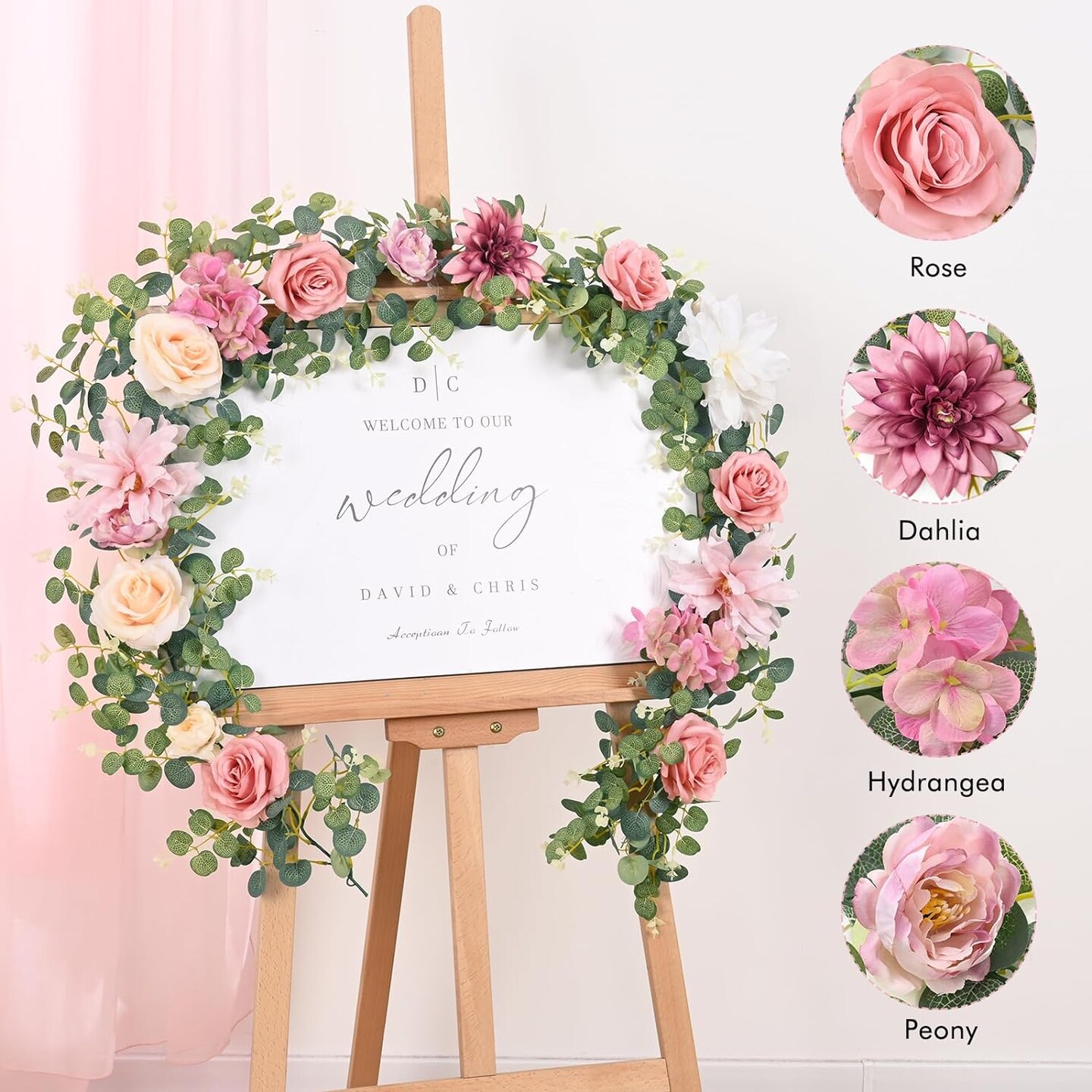 Spring Floral Garlands – 6.07 Ft Pink Rose & Eucalyptus Flower Garland, Artificial Greenery Vine for Wedding Table Runner, Centerpieces, Backdrop, Room Décor