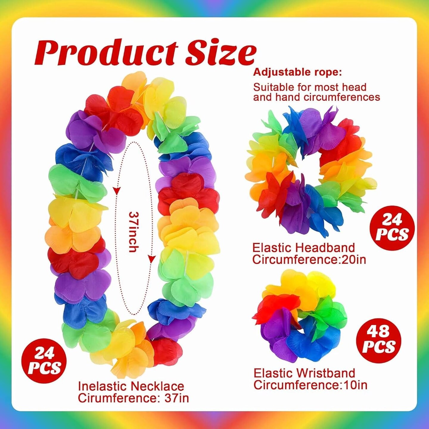 96 Pcs Rainbow Hawaiian Leis Set, Pride Month Hawaiian Floral Lei with Headband and Bracelets(Rainbow)