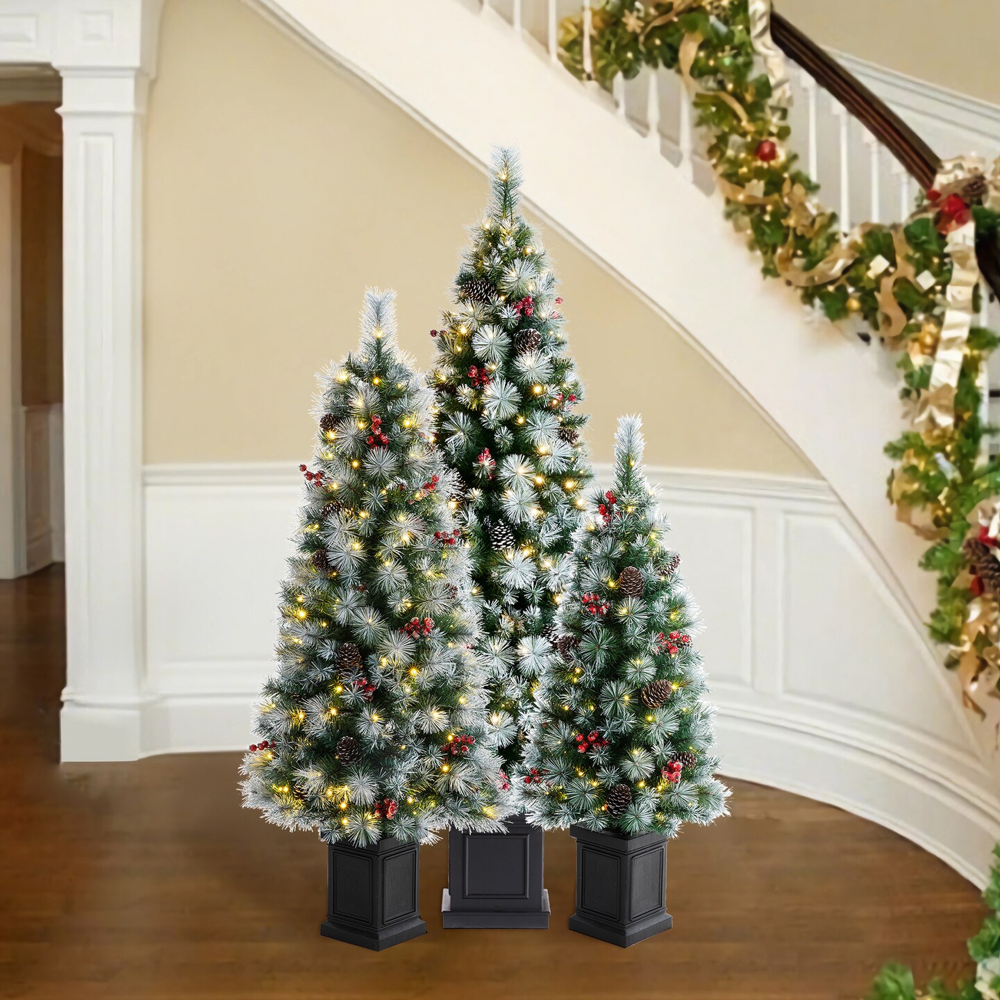 Set of 2/3 4ft/5ft/6ft Pre-Lit Pine Artificial Christmas Porch Tree with Decorative Urn Pot