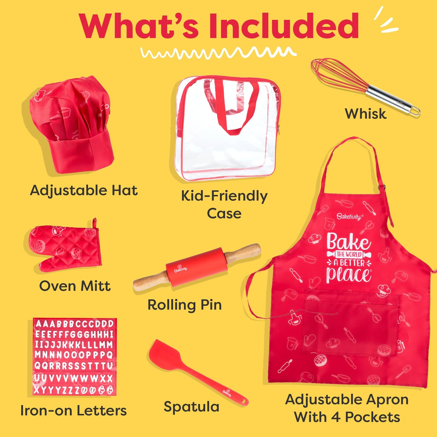 Baketivity Kids Chef Hat and Apron Set for Boys &#x26; Girls - One Size Fits All (Adjustable) - Premium, Washable Kids Apron and Chef Hat Set for Cooking - Young Chefs &#x26; Junior Bakers Chef Outfit for Kids