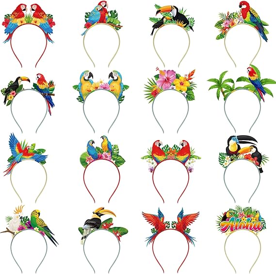 16 Pcs Hawaiian Headbands Bulk Felt Parrot Head Boppers Luau Headdress