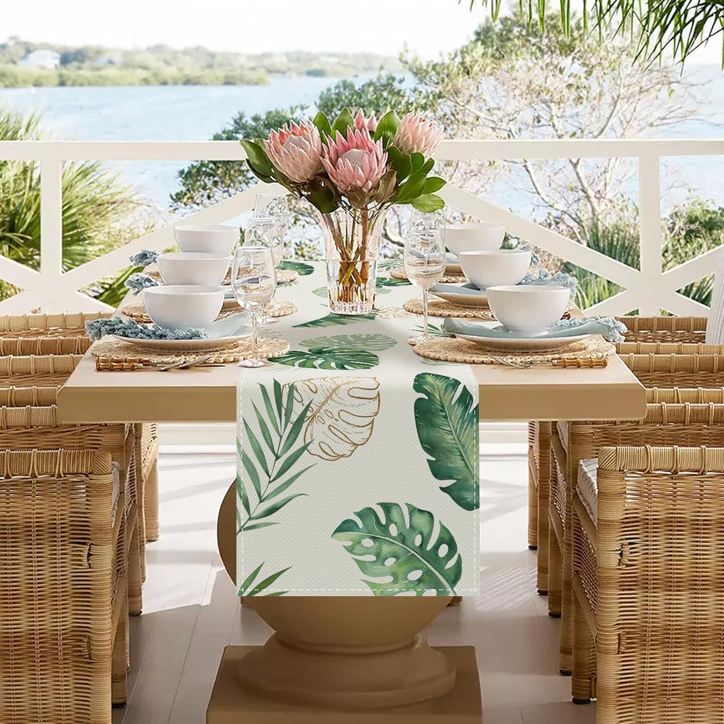 Tropical Palm & Monstera Leaf Table Runner, 13 x 90 Inches – Summer Green Botanical Dining Table Decor for Indoor & Outdoor Home Parties