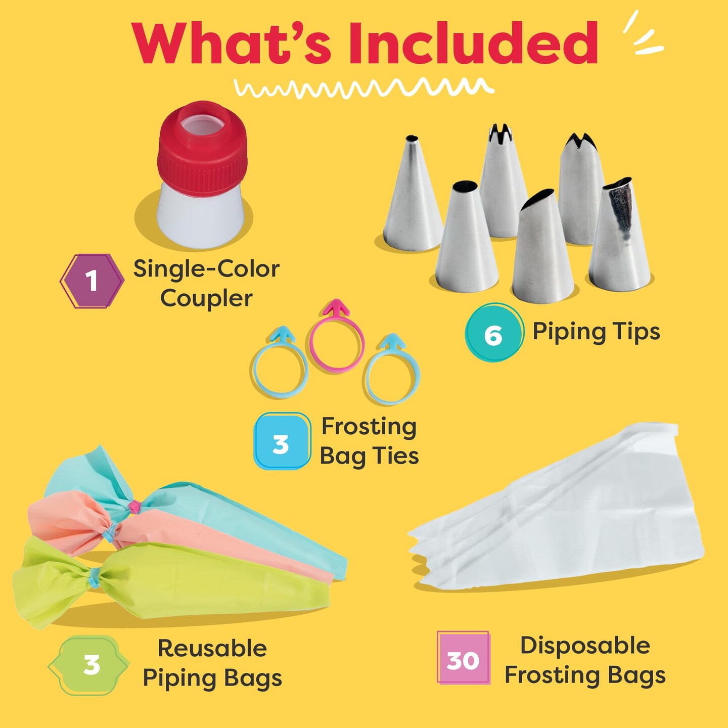 Baketivity 43-Piece Piping Set, Cake and Pastry Piping Bags and Tips Set with Reusable Piping Bags, Pro and Beginner Cake Decorating Kit, Frosting Piping Bags and Tips - Single-Color Coupler