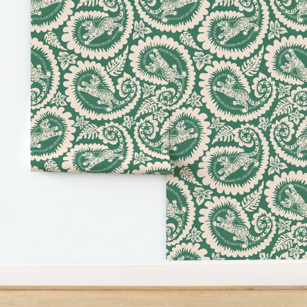 Block Print Style Botanical Paisley Animal Big Cat Monstera Leaves Nature Green Jungle Custom Removable Wallpaper by Spoonflower Peel & Stick Wallpaper 2FT Wide