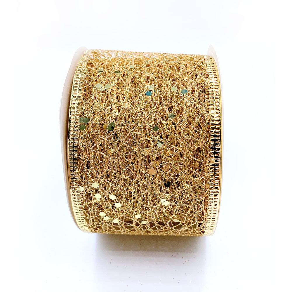 Designer&#x2019;s Shop WR 63-5115 2.5&#x201D; x 10 yard Holiday Metallic Gold Sparking Glitter Mesh wired edge ribbons