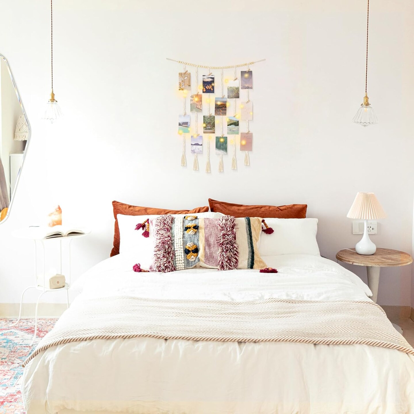 Macrame Hanging Photo Display Wall Decor with String Lights, 30 Clips for Bedroom