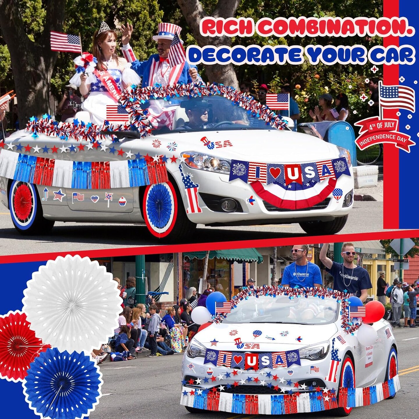 4th of July Golf Cart Decorations Kit Parade Patriotic Red White Blue Tinsel Garlands American Flag Crepe Paper Streamers Balloons Banners