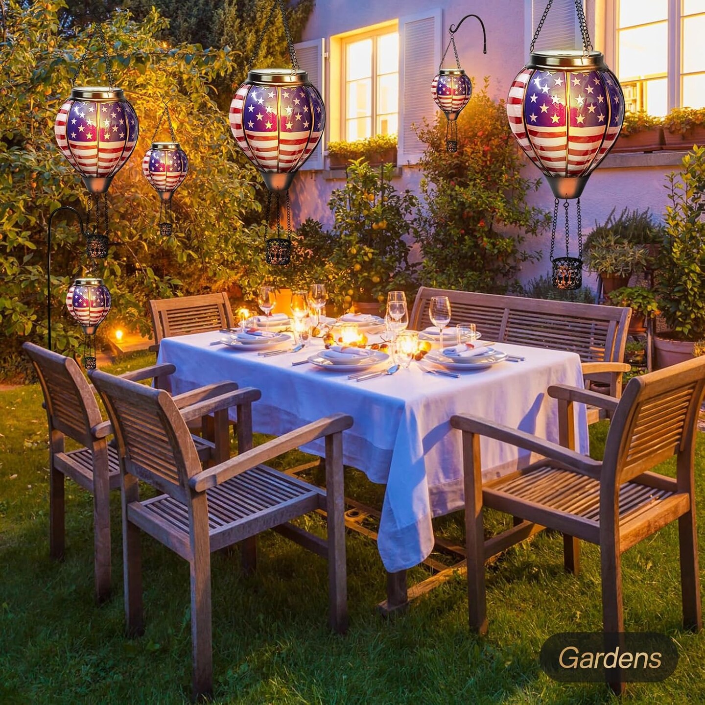 Solar Hot Air Balloon Lantern with Flickering Flame – Glass Outdoor Solar Light, Waterproof Hanging Garden Décor for Patio, Porch, or Yard, Perfect Birthday Gift for Women (American Flag Design)