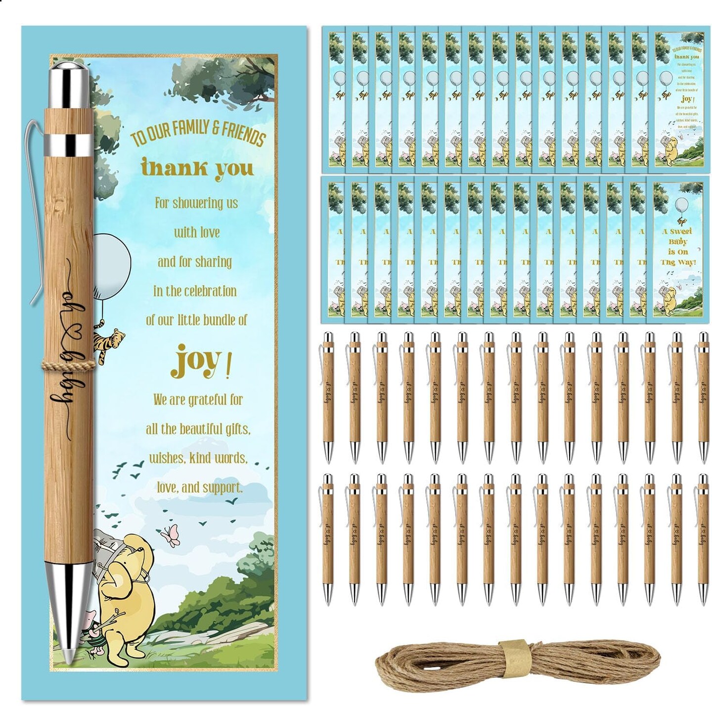 Winnie Baby Shower Set, 30 Pcs Thank You Gifts, Bamboo Pens, Greeting Cards, Gender Reveal Souvenirs
