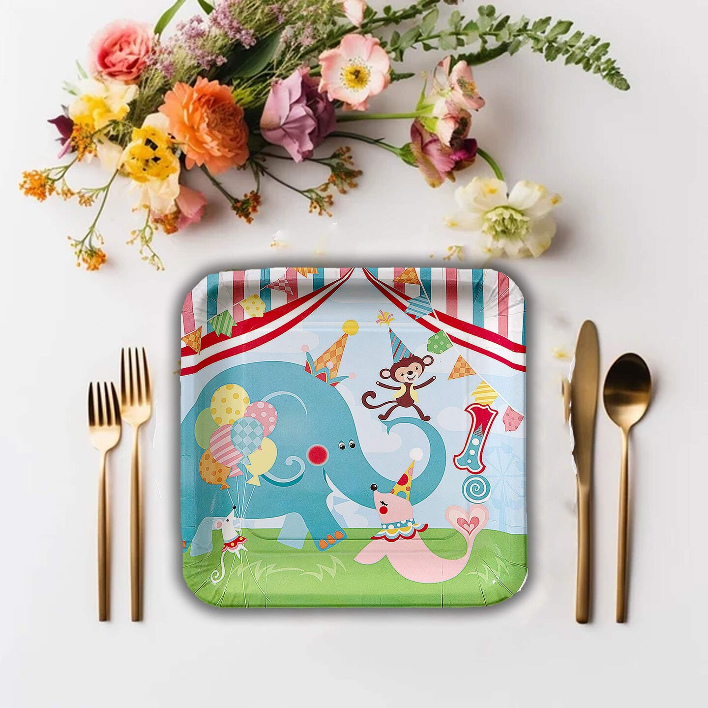 8 Ct.1st Birthday Circus Party Paper Dinner Plates Colorful Animal Themed Tableware 9.25 Inch