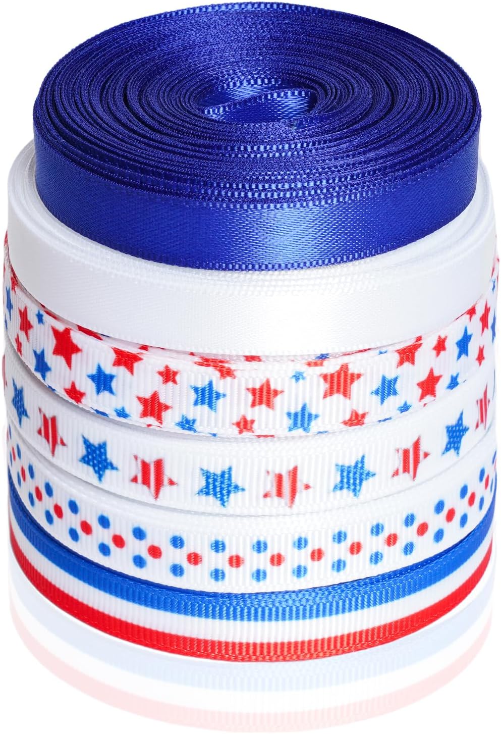 6 Rolls Patriotic Grosgrain Ribbon 4th of July Ribbons with Red White Blue Patriotic Stars Polka Dot Stripes