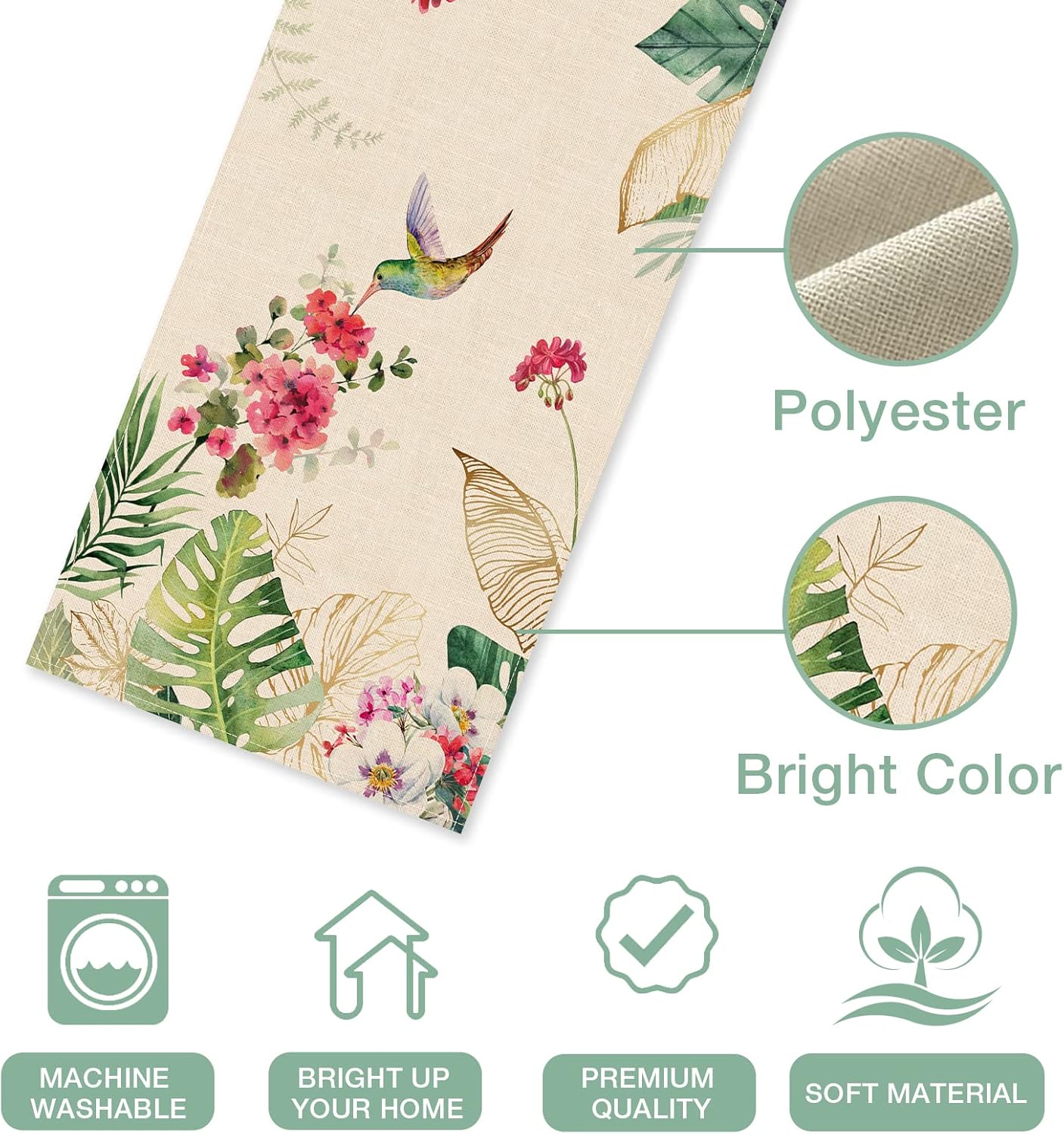 Summer Tropical Hummingbird Palm Leaf Greenery Table Runner 13 x 72 Inch