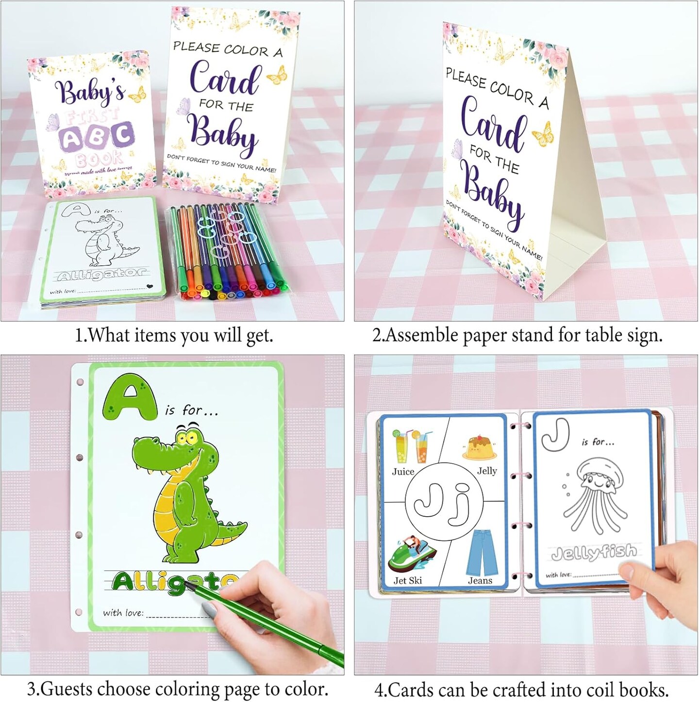 Baby’s First ABC Book Baby Shower Activity & Keepsake Game, A to Z Animal Coloring Cards with 24 Watercolor Pens, Fun & Interactive Baby Shower Game