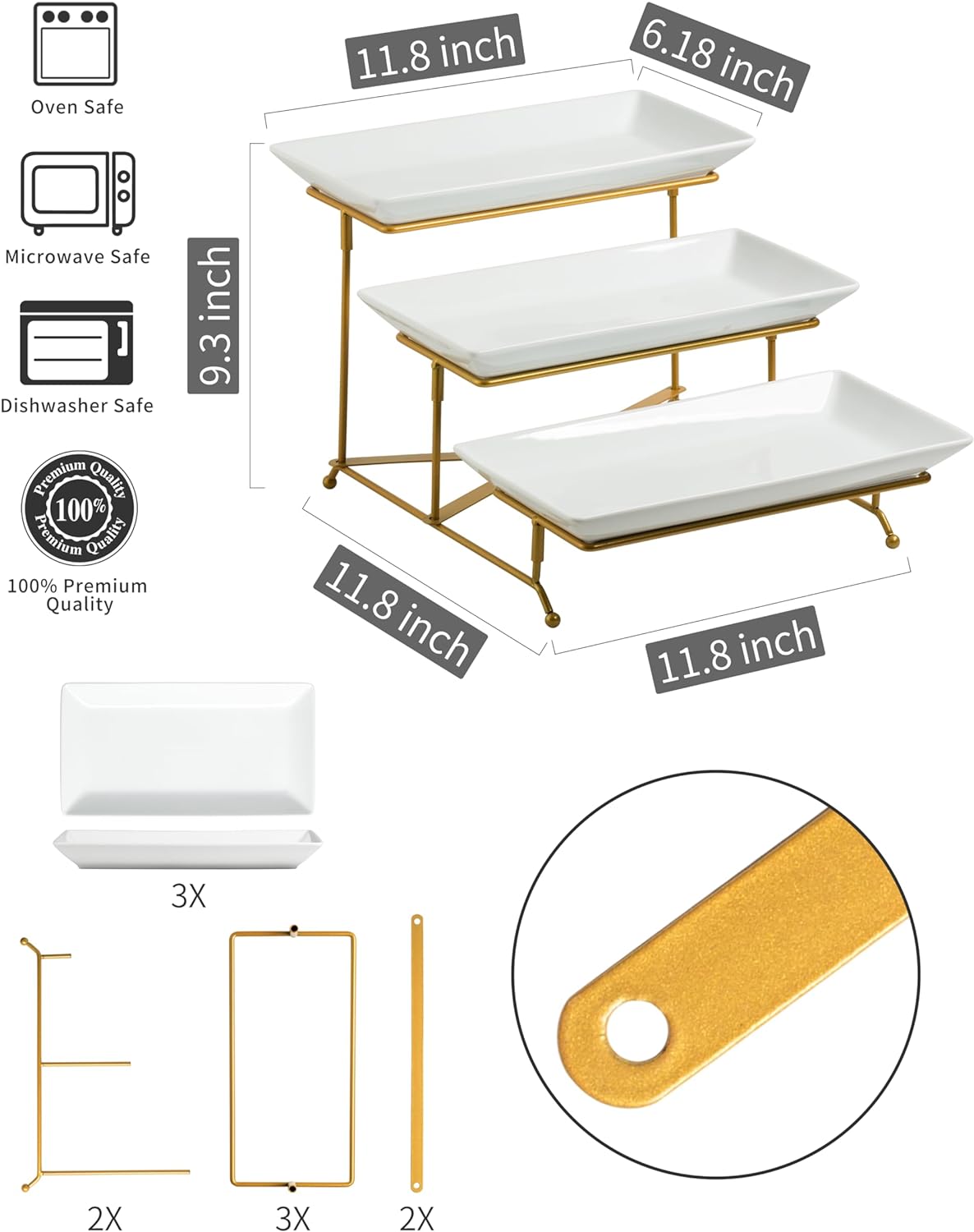 3-Tier Porcelain Serving Tray Stand – (12", Gold) with Collapsible Rack, Ideal for Holidays & Entertaining