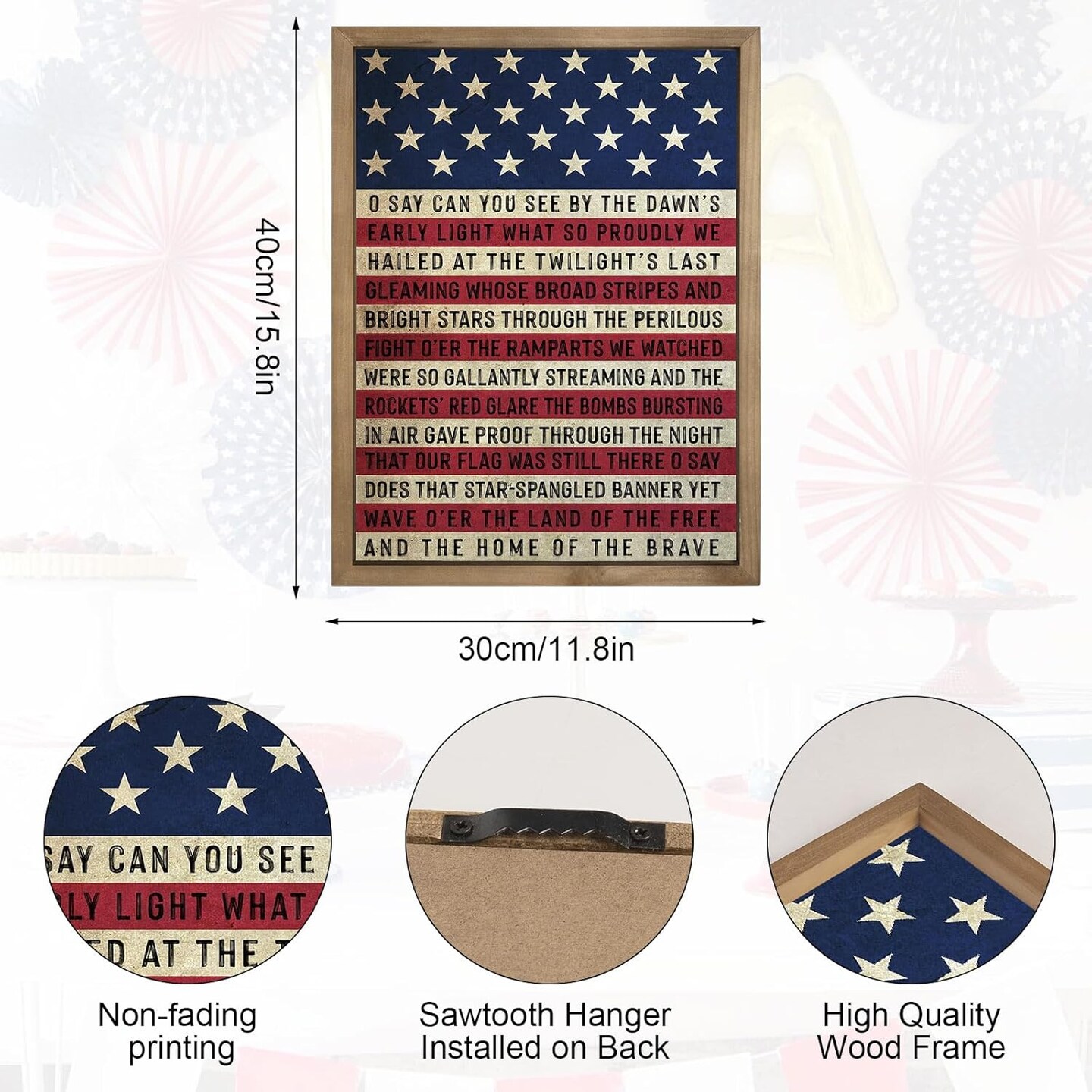 Memorial Day 4th of July Patriotic Wall Decor, 15.7"x11.8" Wooden Red White Blue American Flag National Anthem Sign, Americana Independence Day Indoor Office Table Desk Mantel Home Decorations