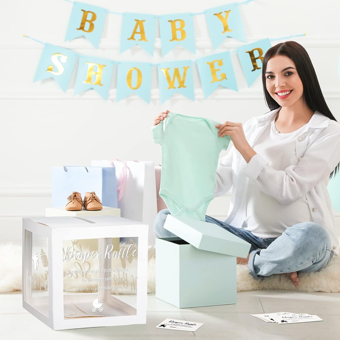 50 Diaper Raffle Tickets with Box for Baby Shower Game Invitations