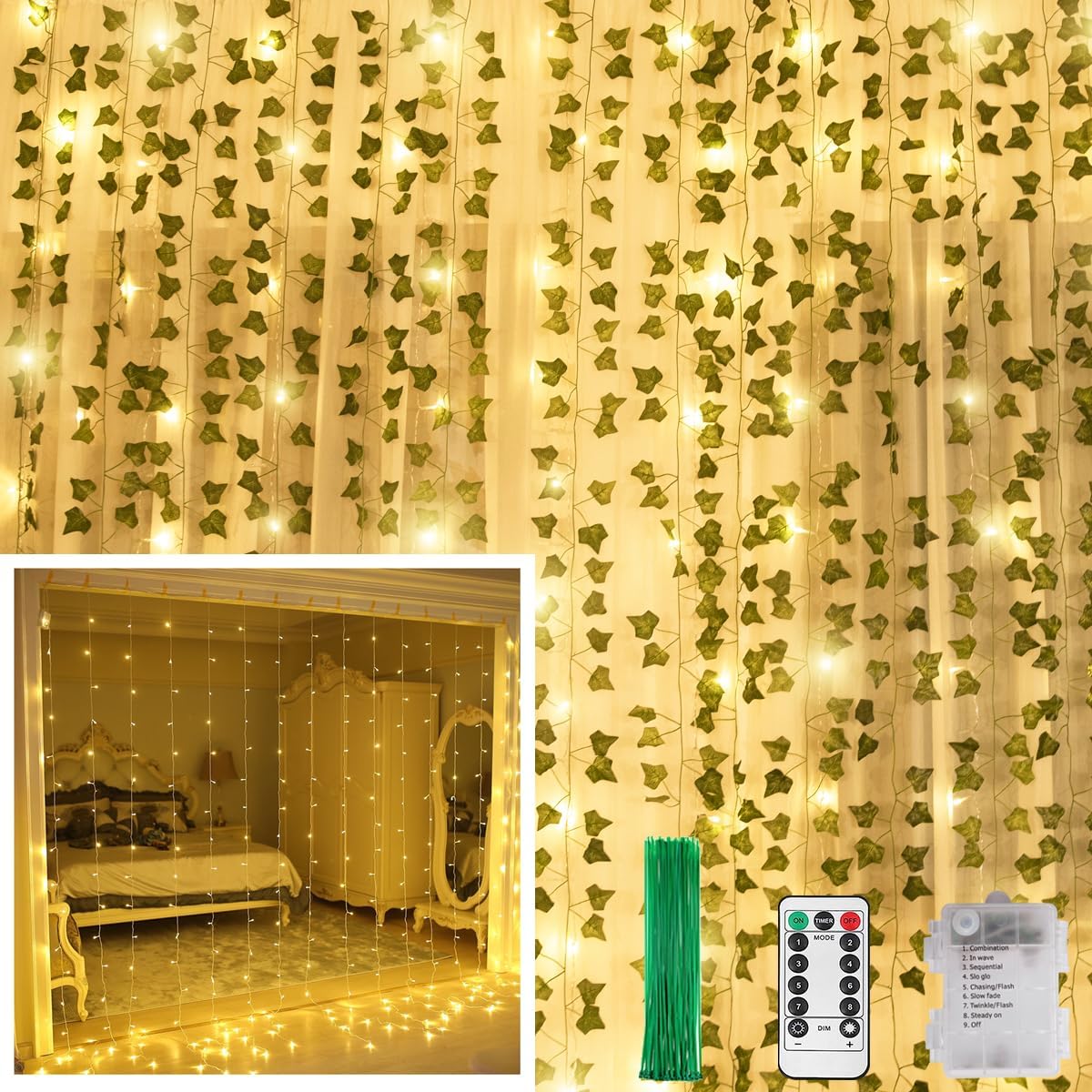 12 Pack Artificial Ivy Leaf Plants with 240 LED Curtain String Lights,Hanging Garland