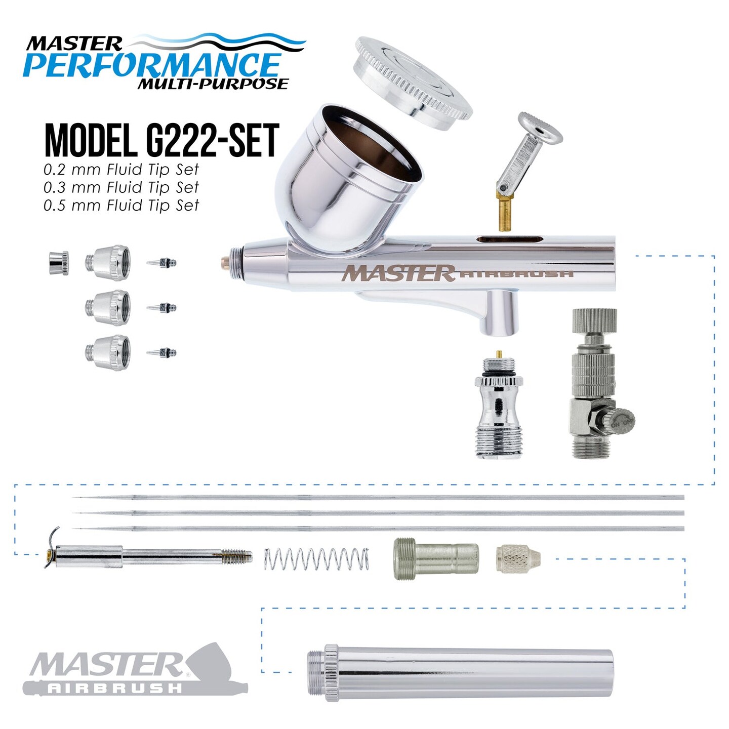 G222 Pro Set Master Airbrush with 3 Nozzle Sets (0.2, 0.3 &#x26; 0.5mm Needles, Fluid Tips and Air Caps) - Dual-Action Gravity Feed Airbrush, 1/3 oz. Cup