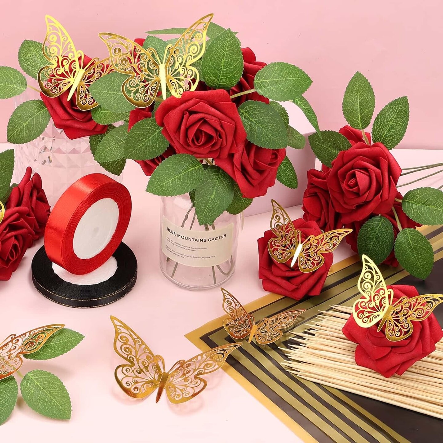 Bouquet Wrapping Paper with Artificial Foam Roses Red Flowers with Stems Gold Butterfly