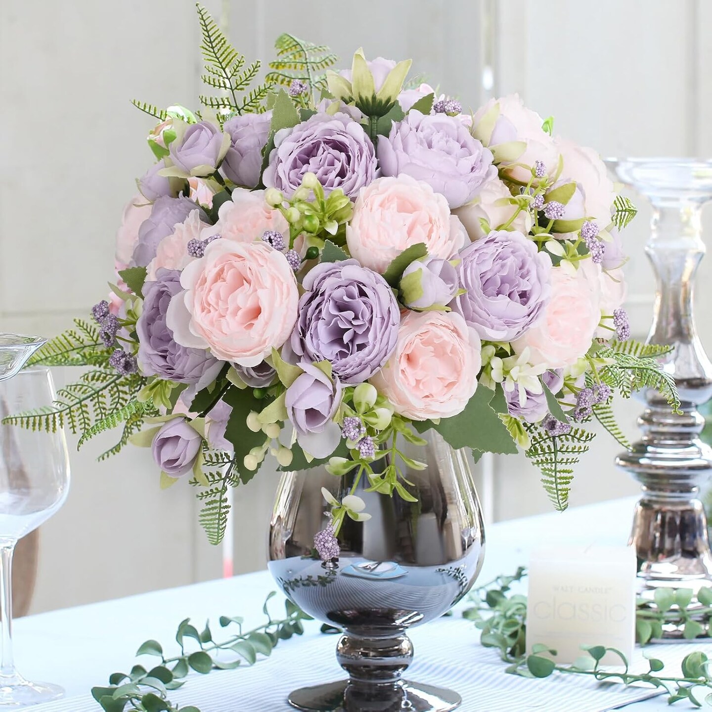 4 Packs Artificial Peonies &#x2013; Silk Flowers for Table Centerpiece (Pinkish-Purple)