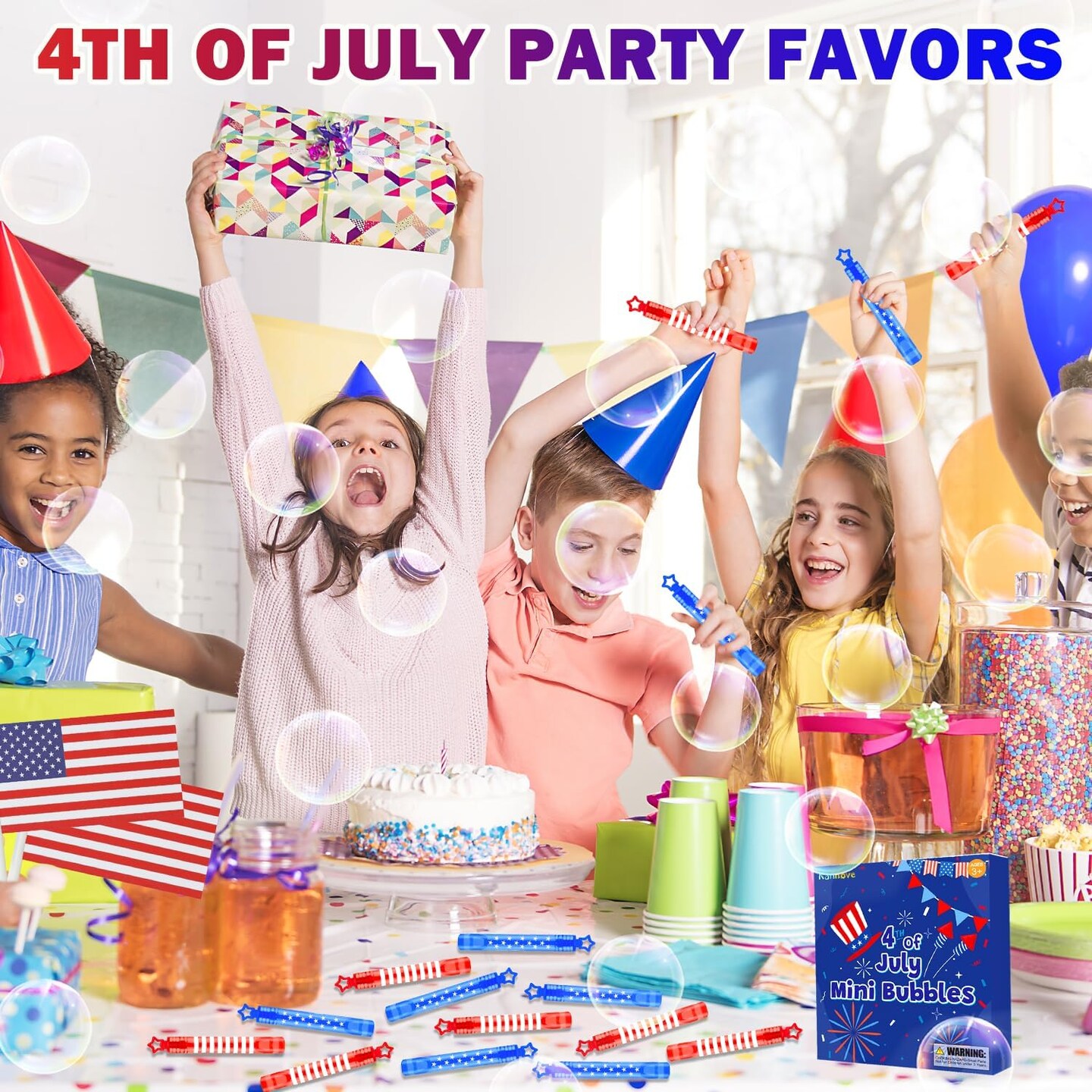 32 Pack 4th of July Bubbles Toys Gifts for Kids,Red White Blue Mini Bubble Wands for Toddlers,Goodie Bags Stuffers Party Favors,Classroom Games Activities Prizes Treats for Memorial Independence Day