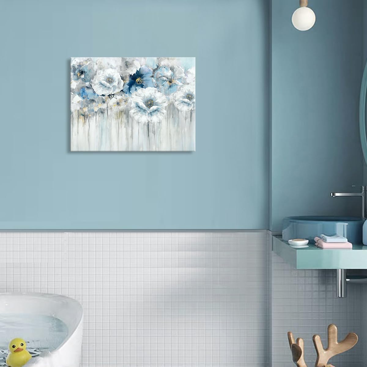 Bathroom Flowers Canvas Wall Art Abstract White Floral Pictures with Gold