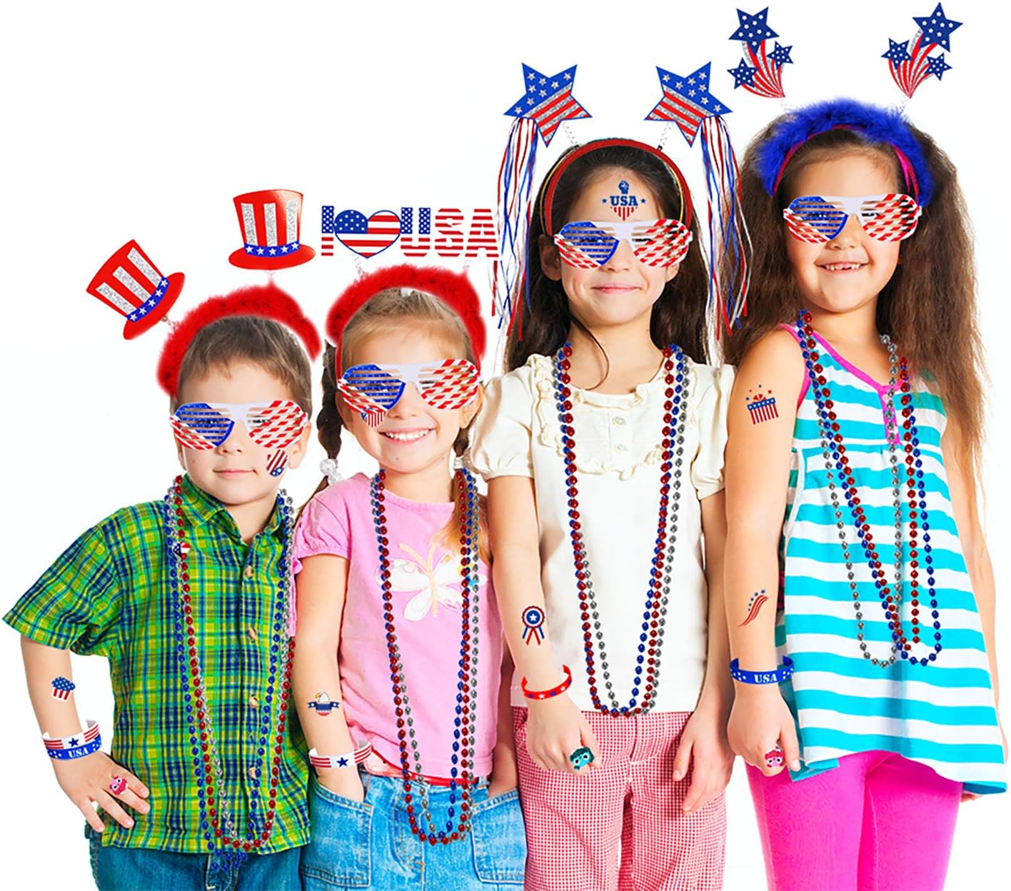 155 Pack 4th of July Beaded Jewelry and Temporary Tattoos(Red White Blue)