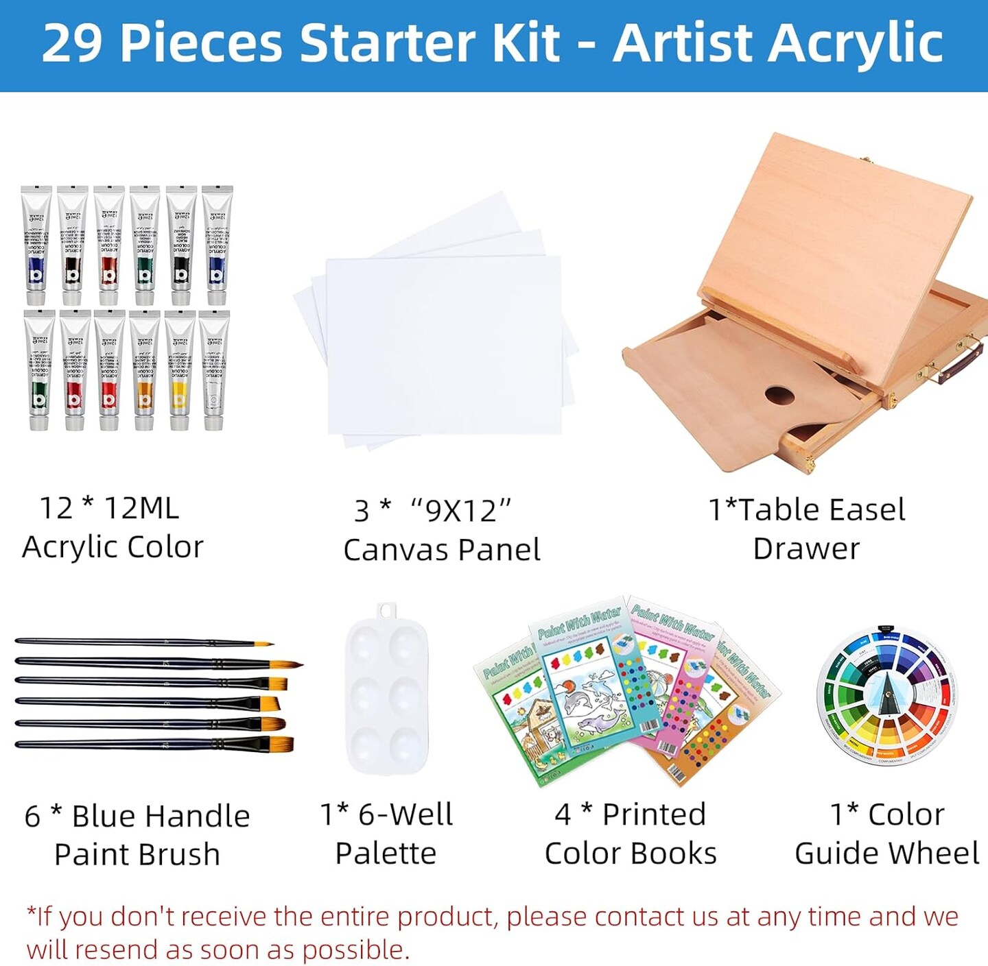 29 Pieces Starter Kit - Acrylic Paints Set for Kids(Red, Yellow, Blue, Black, Green)