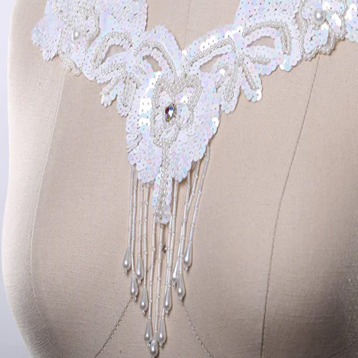 1 Piece White Sequin V Shaped Applique with Beaded Fringe and Rhinestone Embellishment