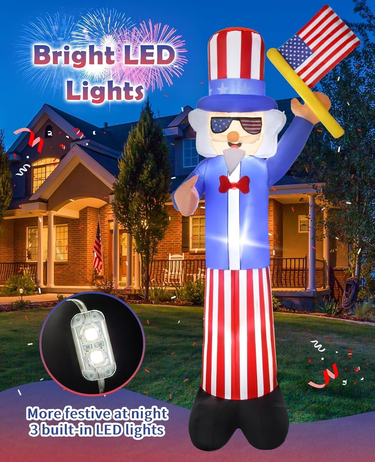 4th of July Patriotic Inflatable Decoration 7FT Lighted Blow Up Uncle Sam