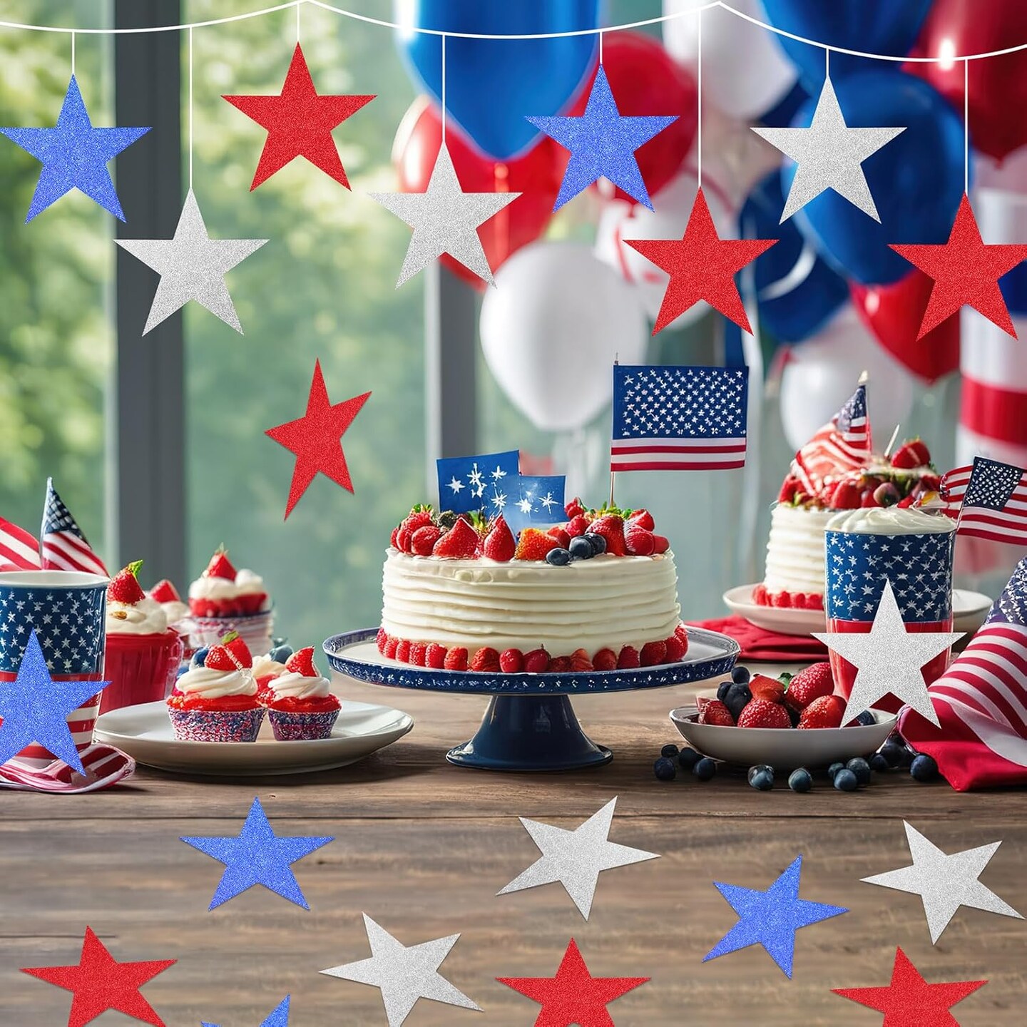 48Pcs Double Sided Glitter Stars Cutouts 4th of July for Wall Decor