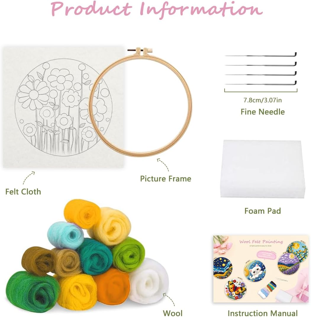 Needle Felting Kits Beginners, Natural Landscape DIY Wool Needle Felting Starter Kit, Floral Needle Felt Set with Foam Pad, Felt Cloth and Instructions, Used for Home Decoration (Blue)