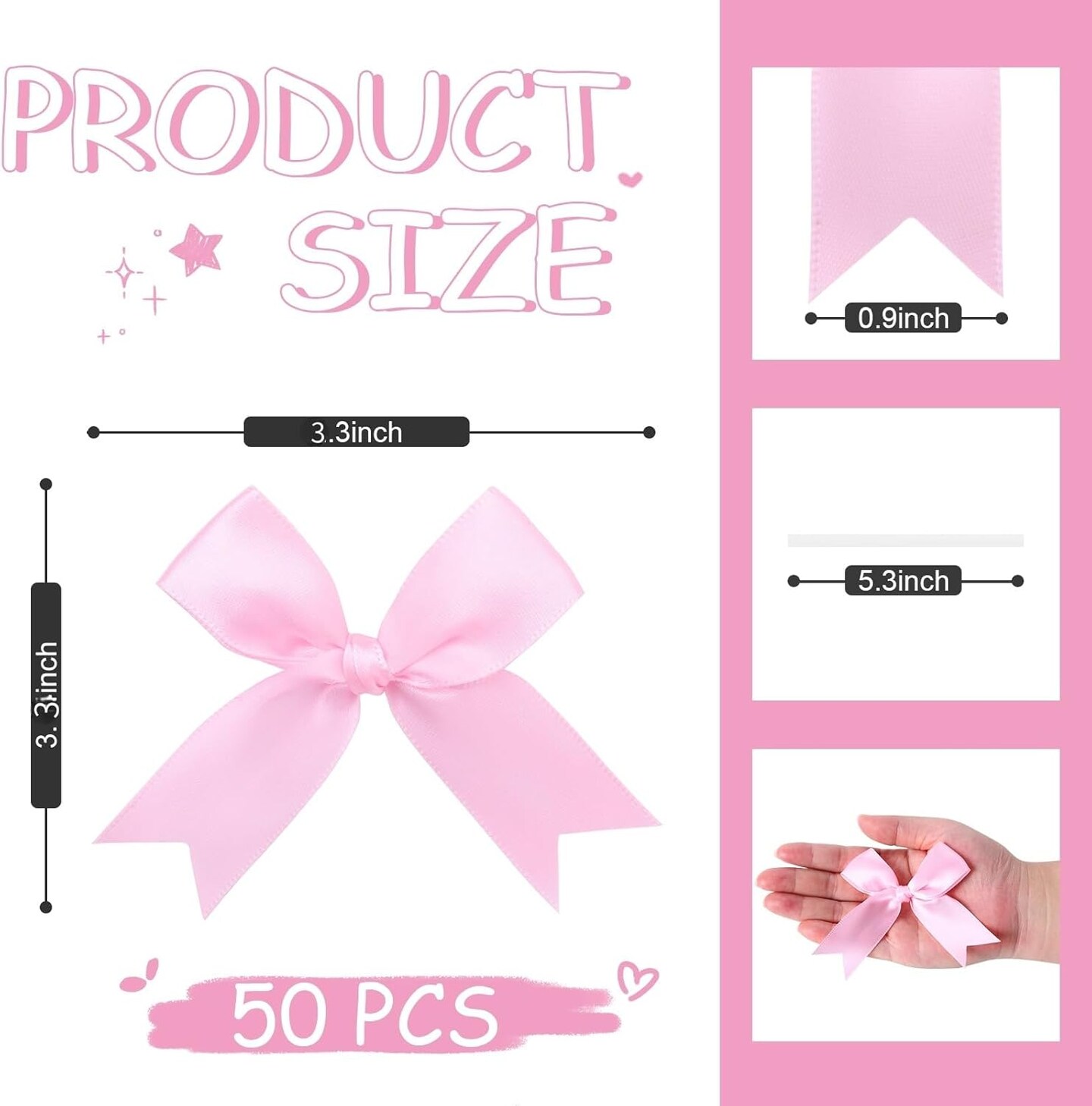 50-Piece Pink Premium Satin Ribbon Bows - 3.3 Inch Large Size Craft Bows
