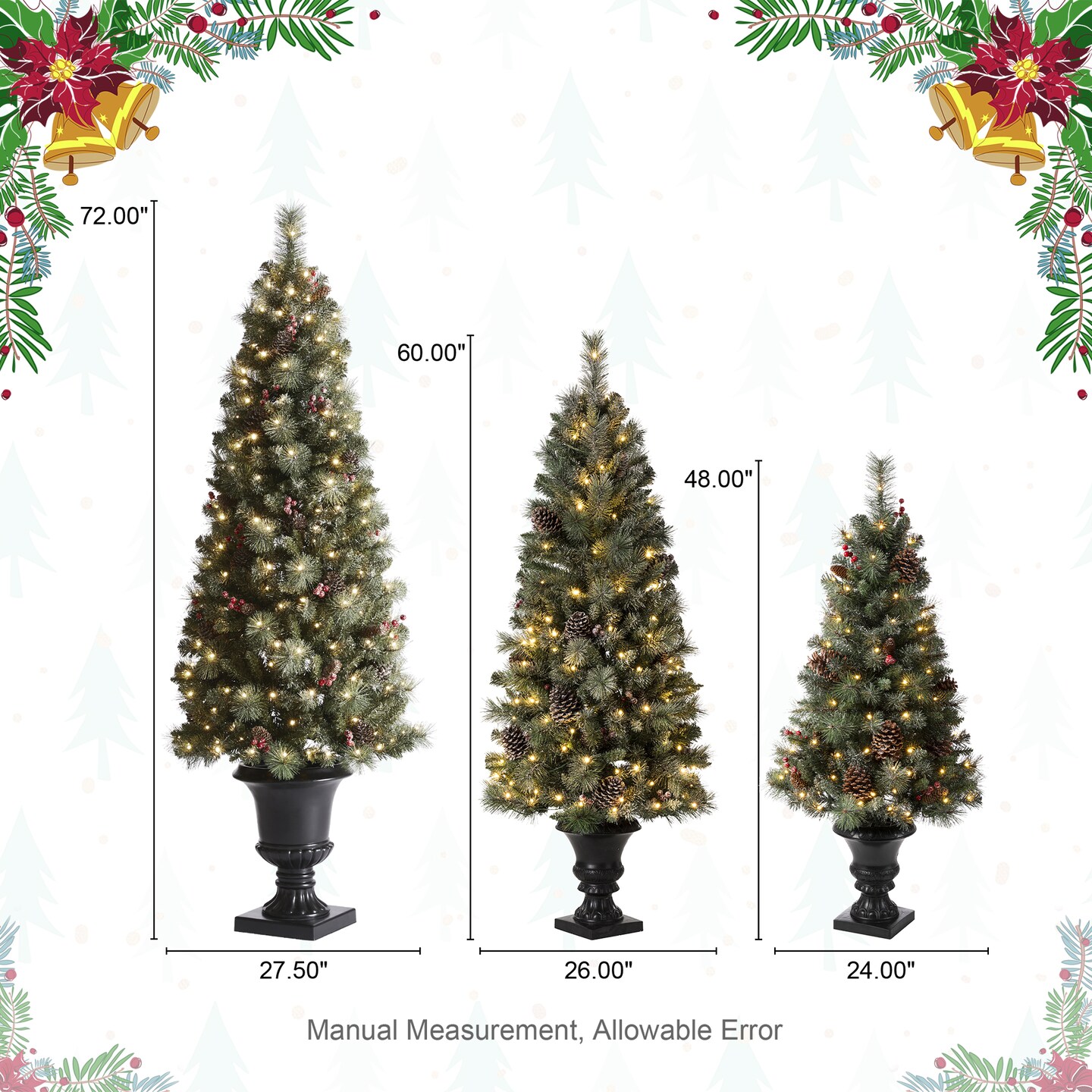 Set of 2/3 4ft/5ft/6ft Flocked Pinecone Christmas Potted Porch Tree With Warm White Lights