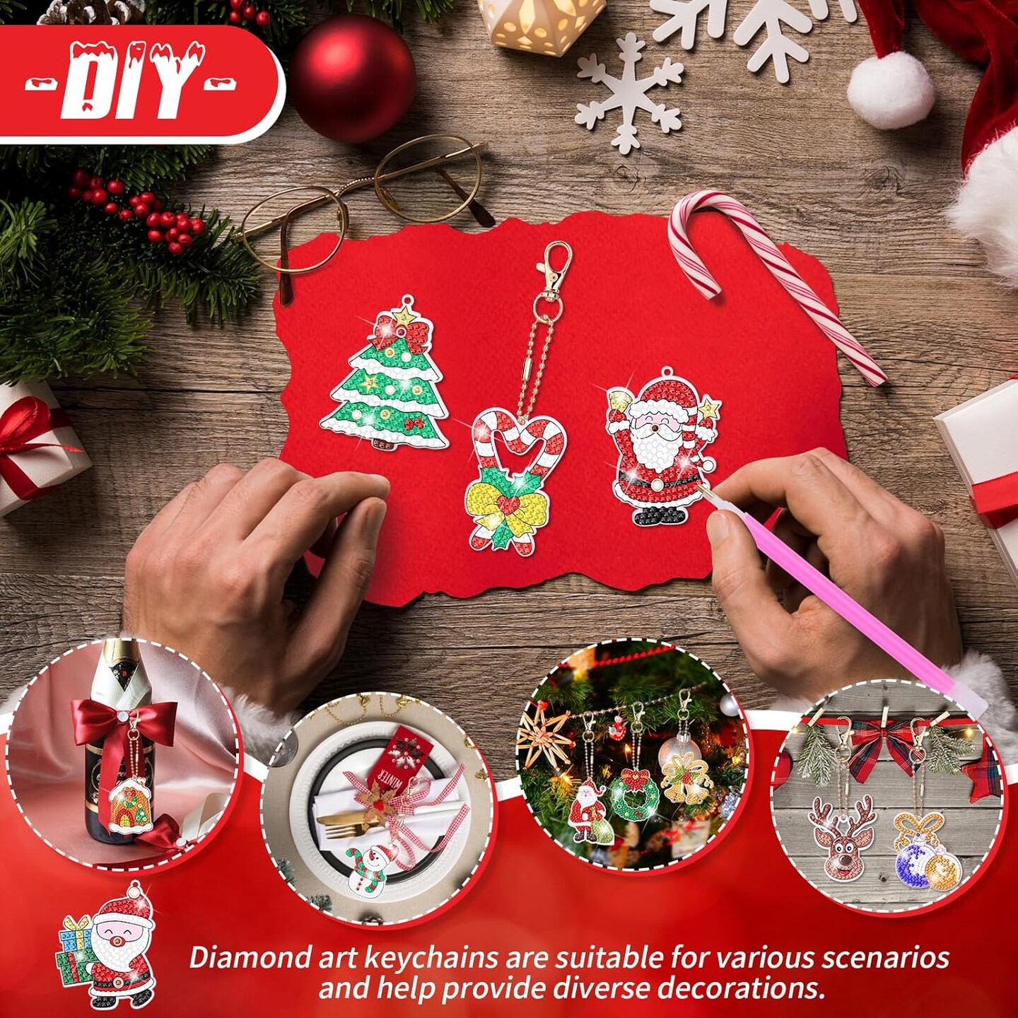 Goldyida 12 Pièces Porte-Clés De Noël En Forme De Flocon De Neige Diamond Art Painting Keychain Pendentif Keychain En Diamant Mosaïque 5D DIY Noël Diamant Peinture Portes-Clés Pour Noël (A