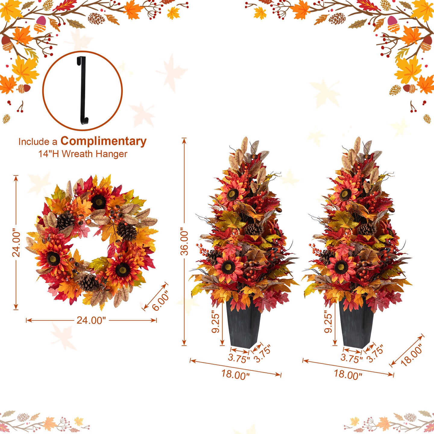 Fall Sunflower Pinecone and Berry 36&#x22;H Porch Tree &#x26; 24&#x22;D Wreath