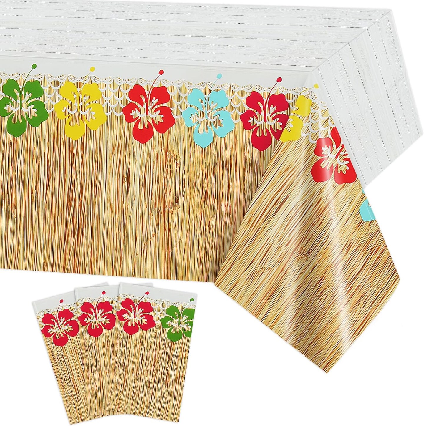 3 Pieces Hawaiian Luau Party Tablecloth Grass Skirt Tablecloths Wood Grain Flowers Plastic Table Covers
