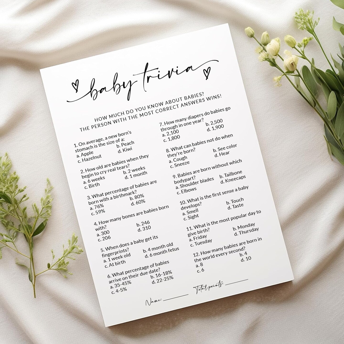 Baby Shower Trivia Game Cards, 50-Pack, 5x7 Inches, Minimalist Design, White, Answer Sheet Included