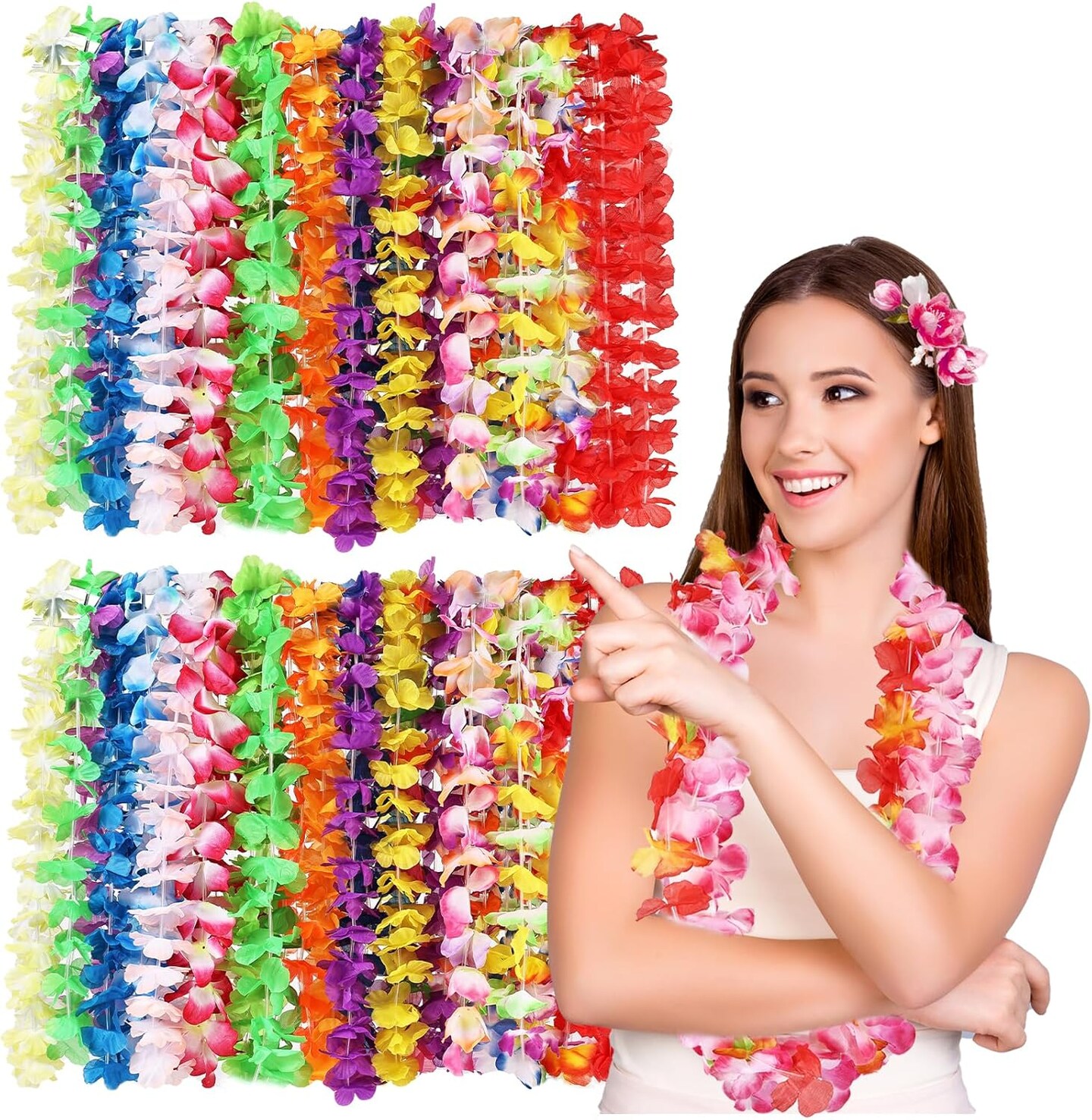 10pcs Leis for Luau Party - Colorful Hawaiian Leis Bulk Tropical Flower Lais Hawaii Decor for Summer Party Supplies